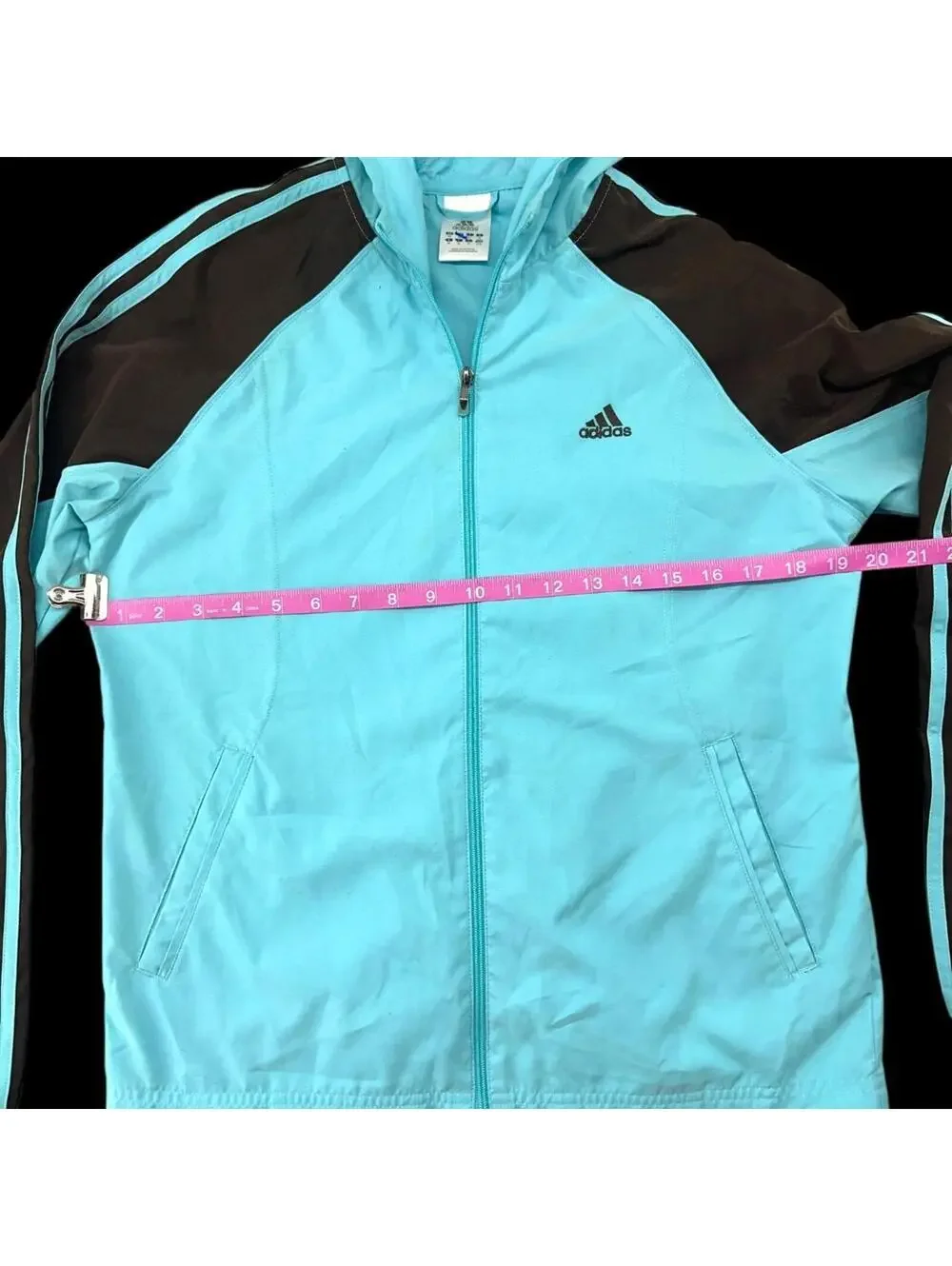 Adidas Vintage Blue Hoodie Jacket with Brown Stripes Streetwear Skater